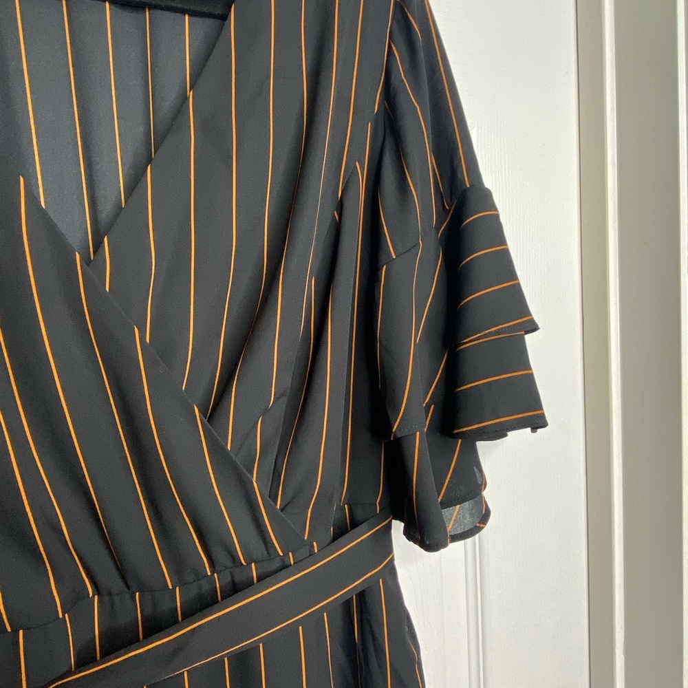 City Chic Black and Brown Pinstripe 14W Wrap Dress Flare Ruffle Hem and Sleeve